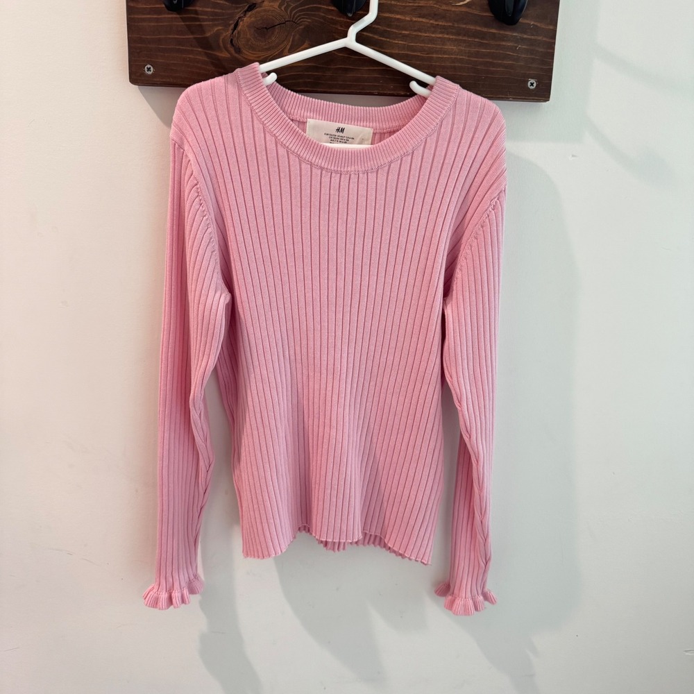 HM Girls Pink Ribbed Knit Sweater Lettuce‎ Edge Cuffs Size 6X-7
